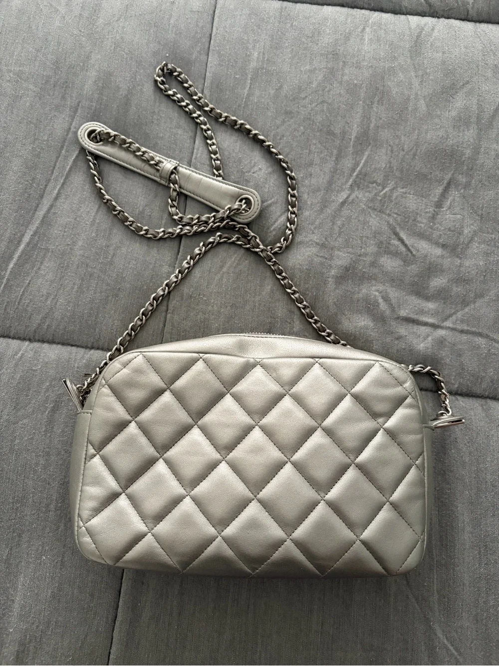CHANEL Quilted Leather Camera Crossbody in Silver Metallic Gray